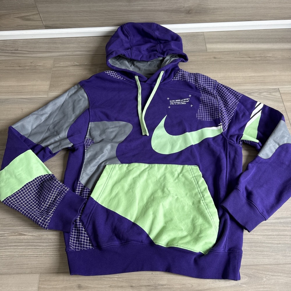 Nike Hoodie Mens Small Purple Pullover Sweatshirt Evolution Of The Swoosh Logo